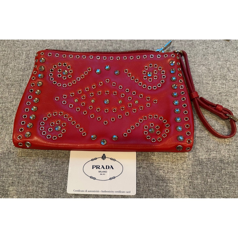 Prada Soft Calf Borch Red Leather Studded Crystal Clutch Bag 1N1825 Fuoco